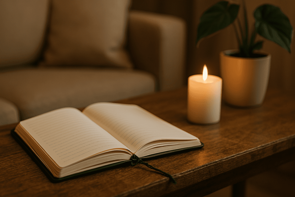 An open, lined journal rests on a wooden coffee table beside a softly glowing candle and a potted plant, set in a cozy, warmly lit living room