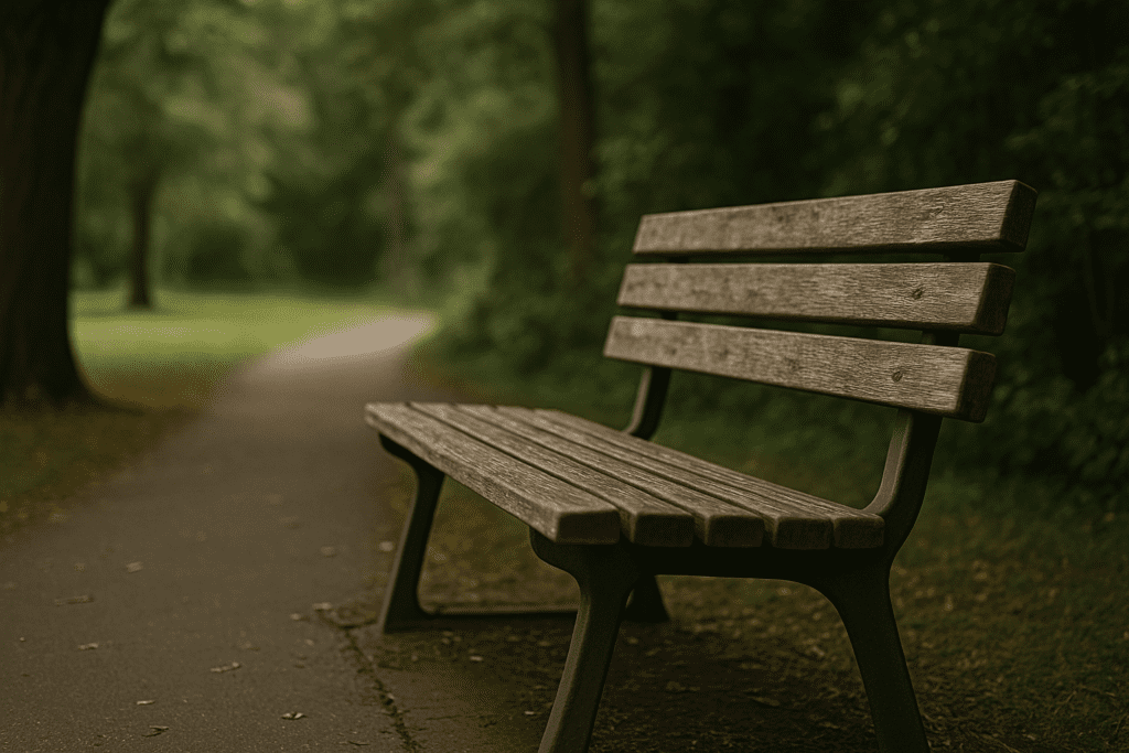 A weathered wooden park bench sits beside a winding path lined with trees and fallen leaves, bathed in soft, diffused daylight