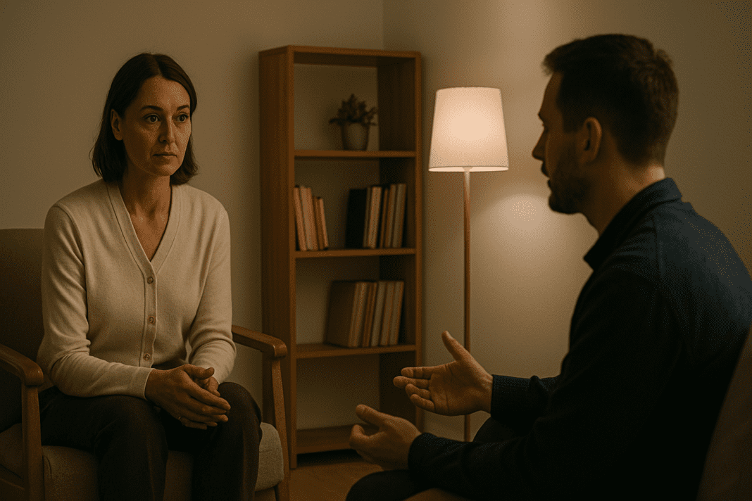 A middle-aged female therapist listens attentively to a male client during a calm therapy session in a softly lit, minimalist office
