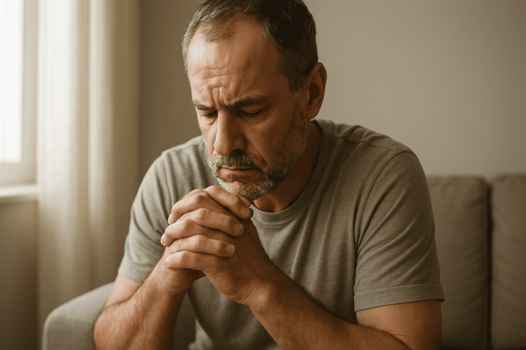 A middle-aged man sits on a couch in soft morning light, hands clasped and eyes downcast in quiet contemplation