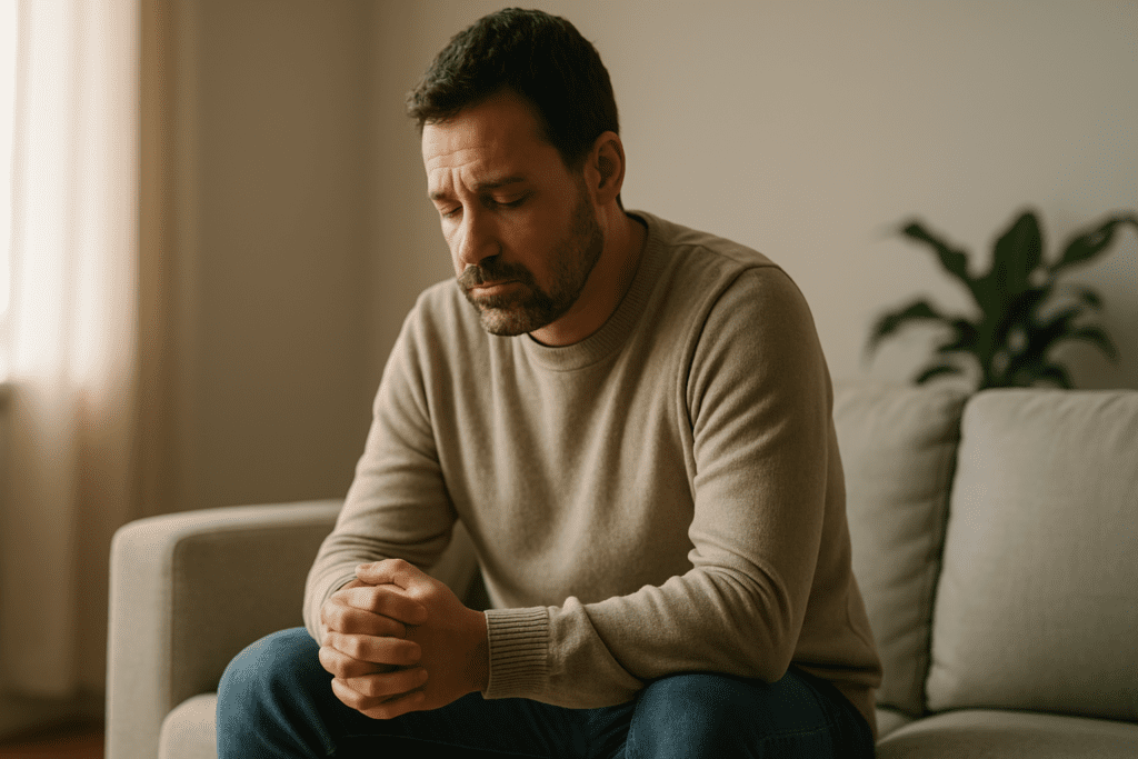 A thoughtful man in his late thirties sits on a beige sofa with his hands clasped, gazing downward in quiet reflection, surrounded by soft natural light and neutral-toned decor