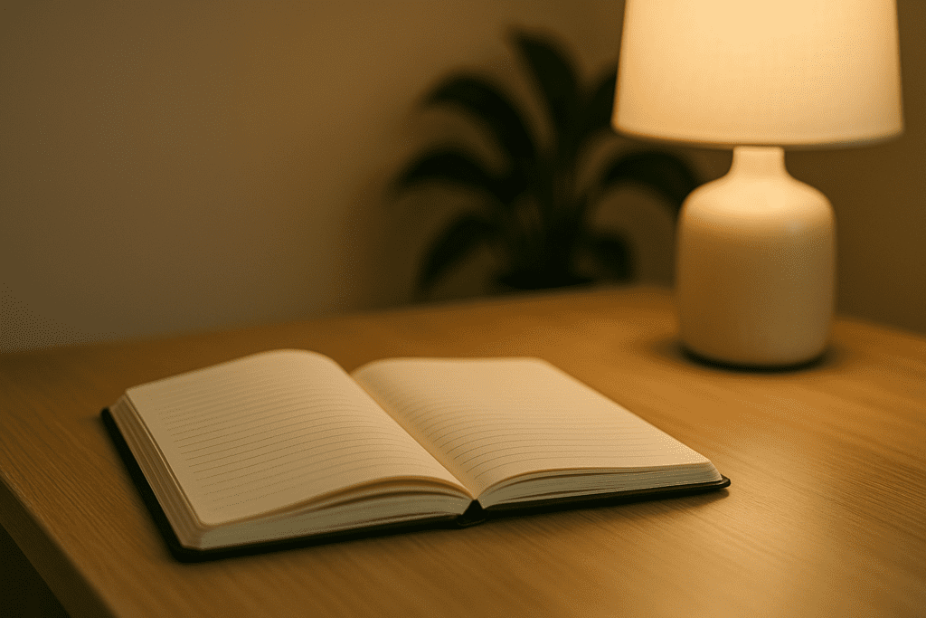 An open journal with lined pages rests on a light wooden desk beside a softly glowing lamp, with a potted plant blurred in the background creating a soothing atmosphere