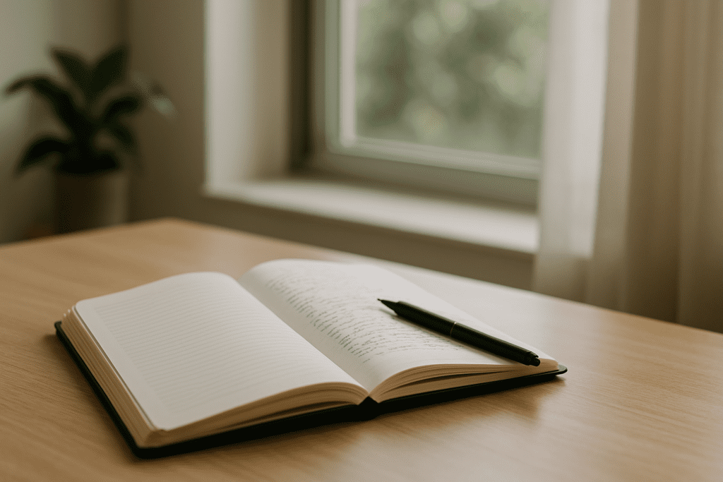 A black pen lies diagonally across a handwritten page in an open notebook on a clean wooden surface, with gentle daylight streaming in through a nearby window