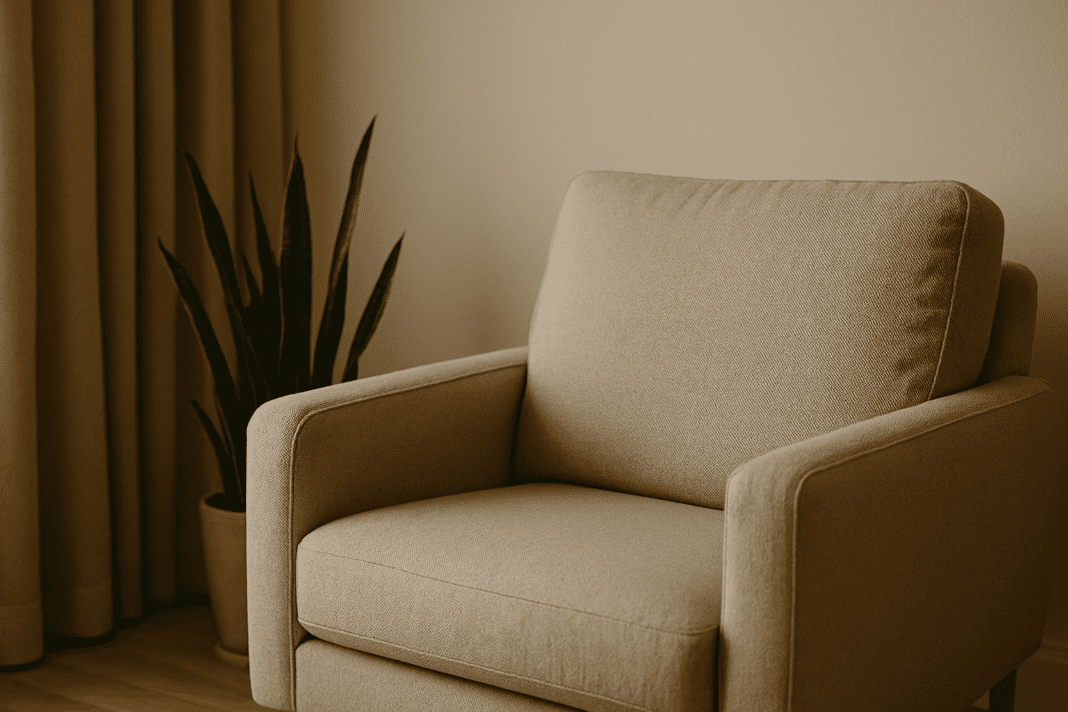 A beige armchair with textured fabric sits beside a snake plant in a modern, softly lit corner, with warm tones and natural shadows creating a tranquil setting