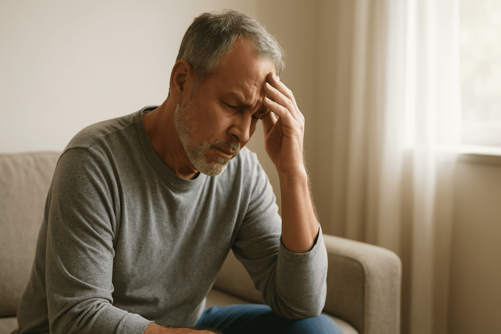 A middle-aged man sits on a beige couch with his hand to his temple, appearing lightheaded in soft morning light—a visual metaphor for dizziness from high blood sugar