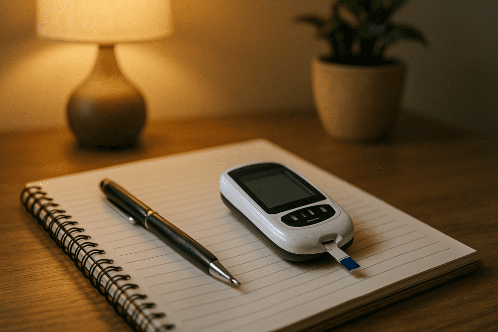 A blood glucose meter beside an open notebook and pen under warm ambient light, symbolizing diabetes tracking and management