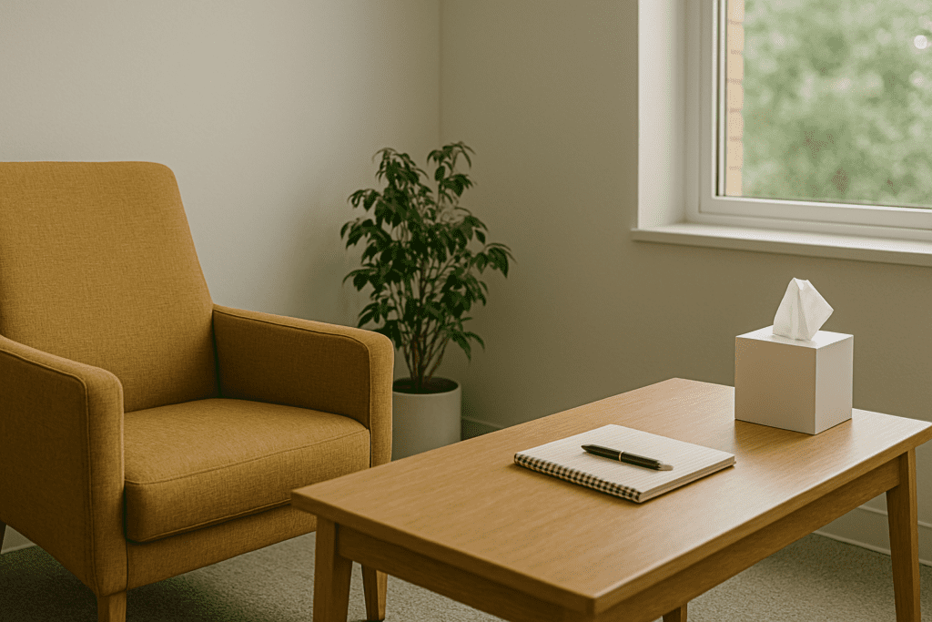A quiet therapy room with a mustard-yellow chair and soft daylight, evoking calmness—ideal for discussing symptoms like dizziness in diabetes care