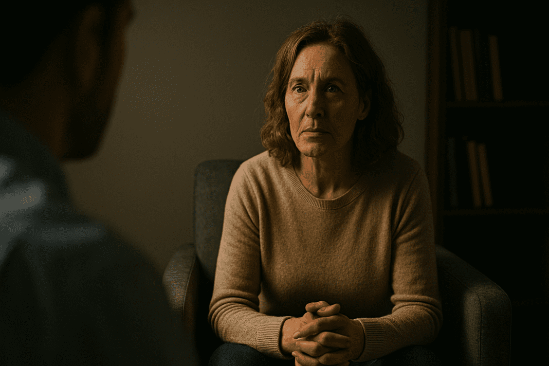 A woman in a beige sweater attentively listens in a dimly lit therapy room, suggesting support for diabetes-related dizziness and emotional distress