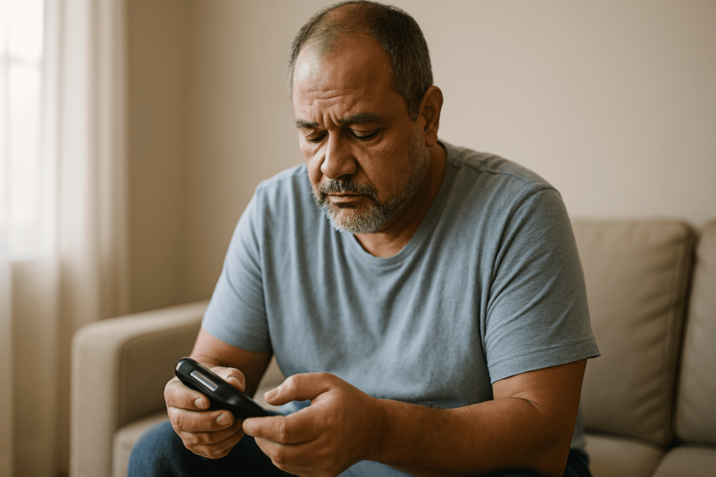 A middle-aged man with light brown skin checks his blood glucose levels while seated on a beige sofa, illuminated by soft morning light through a window