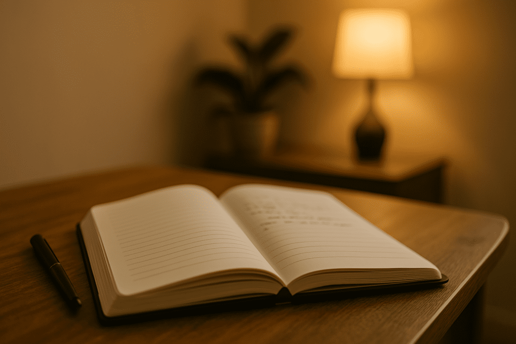 An open journal and pen rest on a wooden surface under warm ambient light, with a softly blurred background featuring a plant and lamp