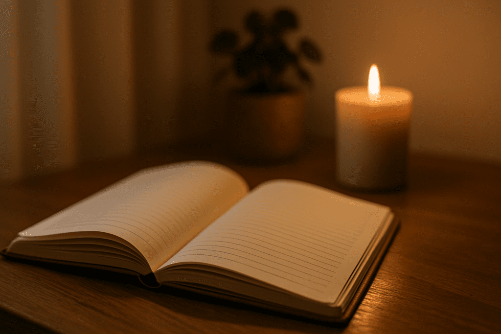 An open journal rests on a wooden desk beside a lit candle and small potted plant, warmly lit by ambient indoor light in a calm, uncluttered room