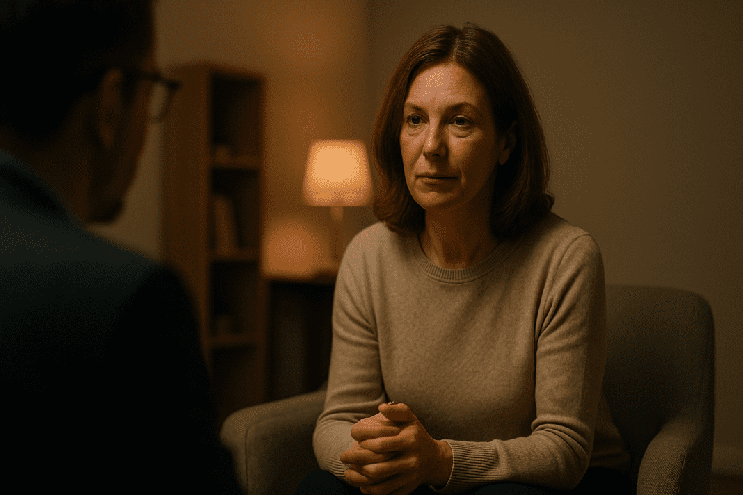 A middle-aged woman with auburn hair listens attentively in a softly lit therapy office, her face reflecting focus and emotion during an evening session. An intimate therapy scene with a woman seated in warm indoor lighting, her thoughtful expression captured in a calm, reflective space