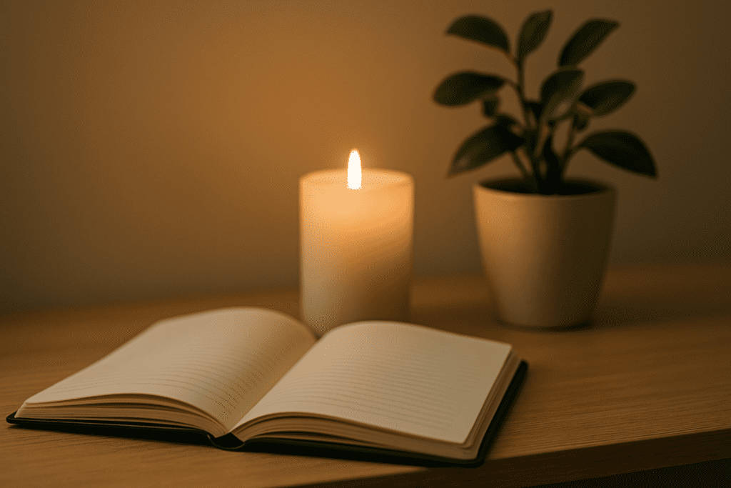 A middle-aged man with graying hair sits quietly in a minimalist room, hands clasped in thoughtful reflection near a softly lit window