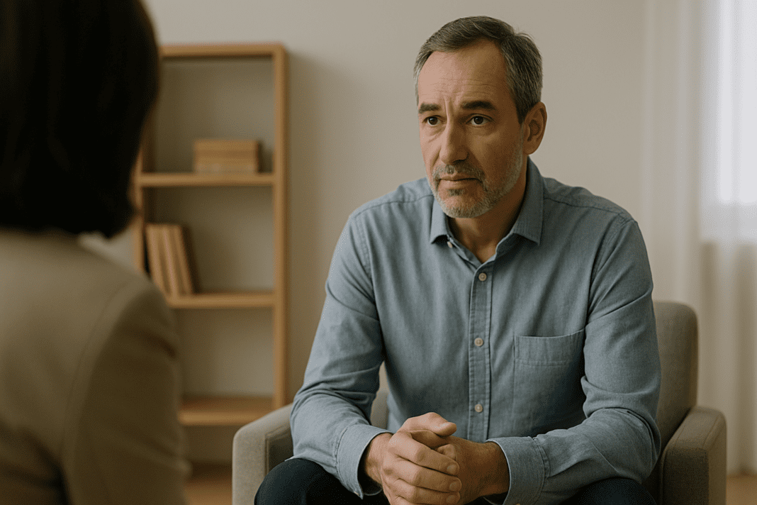 A concerned middle-aged man listens attentively during a therapy session in a softly lit, uncluttered office space