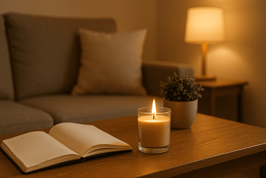 A warm, cozy room scene with an open notebook and pen on a wooden table, next to a flickering candle and potted plant