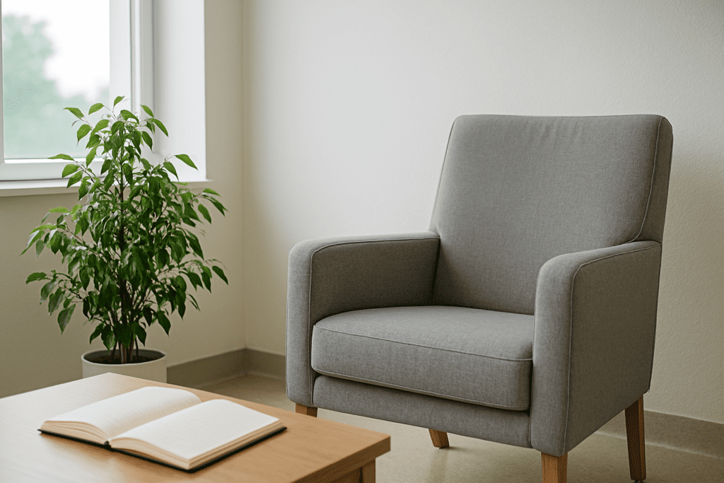 Minimalist therapist’s office corner with a blue armchair and leafy green plant, softly illuminated by natural light