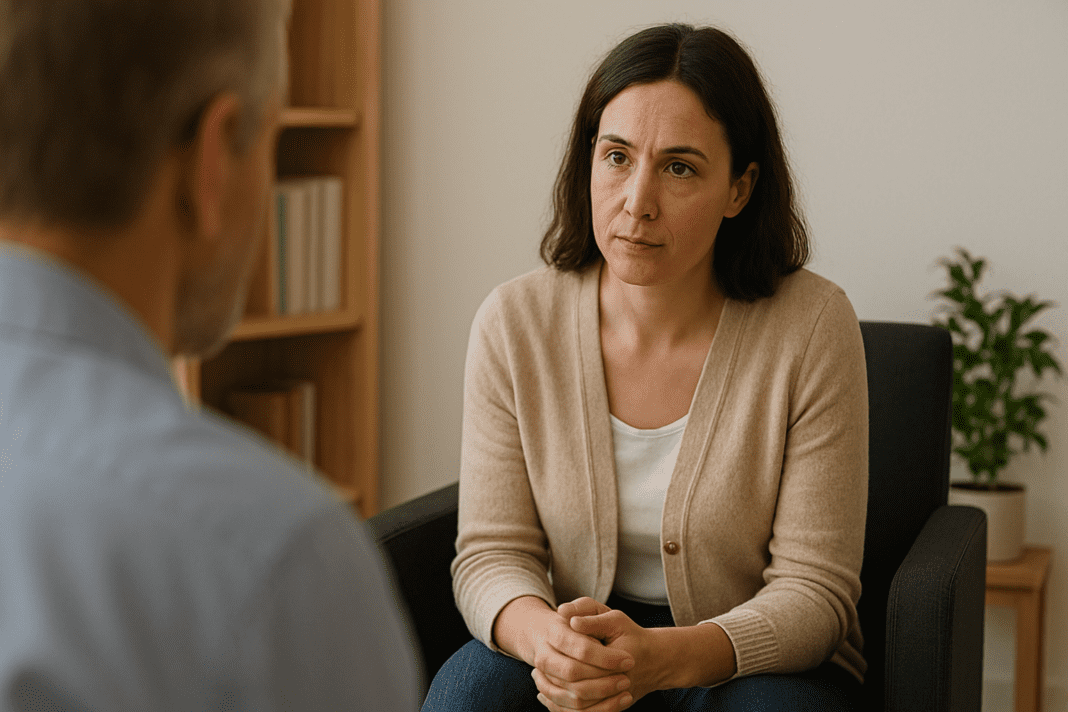 A therapy session in progress with a young woman seated across from a therapist, in a warm, softly lit room with natural decor