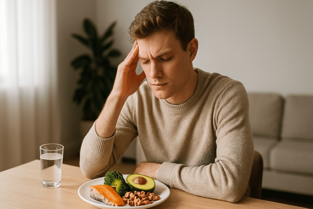 A young man sits at a minimalist table with salmon, broccoli, avocado, and nuts in front of him, focused in thought under soft natural light