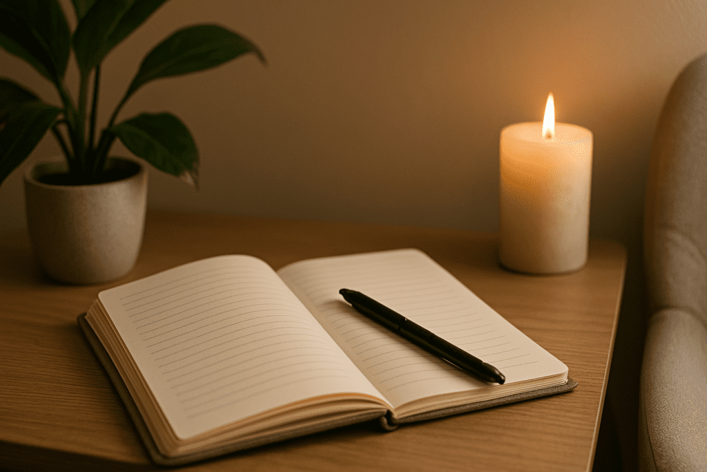 An open journal, black pen, candle, and potted plant rest on a wooden surface in a warm, softly lit space