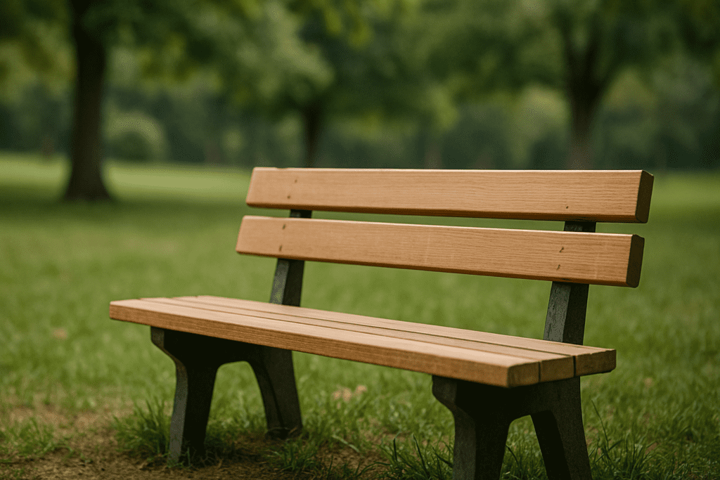 A wooden bench sits in a peaceful park surrounded by greenery, softly lit by diffused daylight