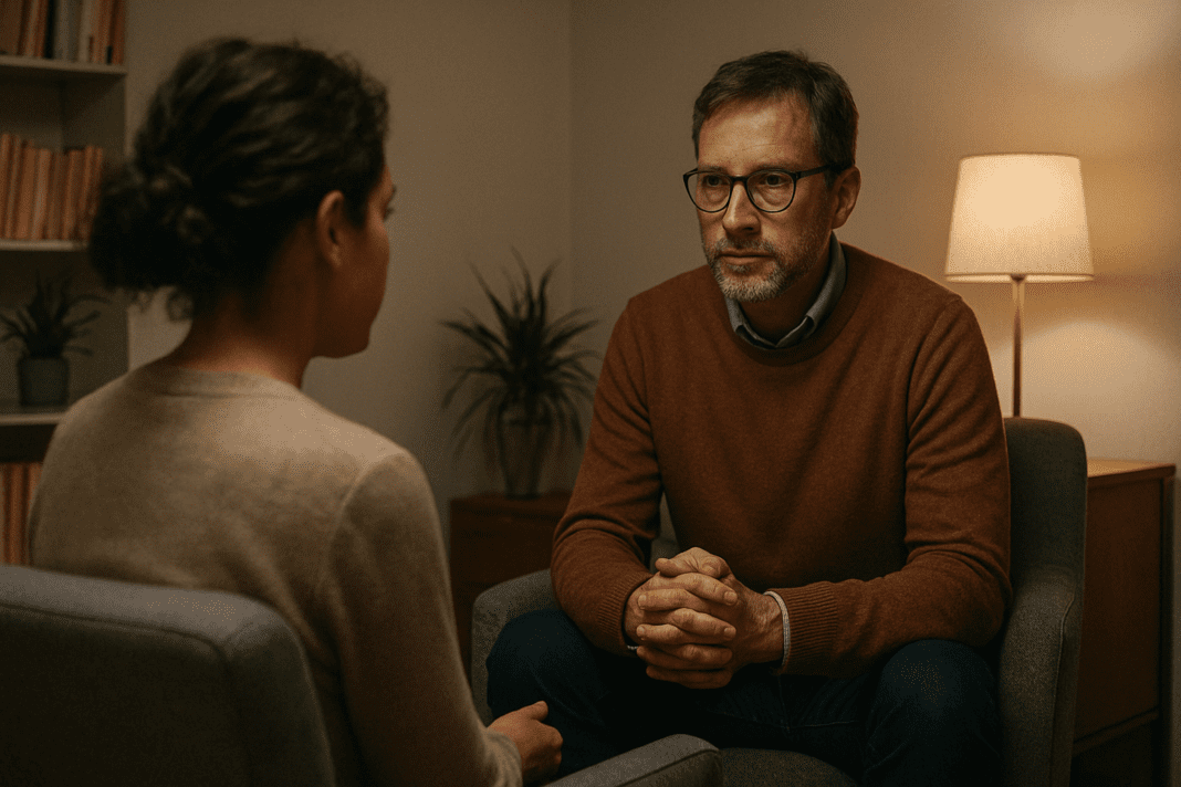 A therapist attentively listens to a client in a clean, softly lit office with bookshelves and a plant