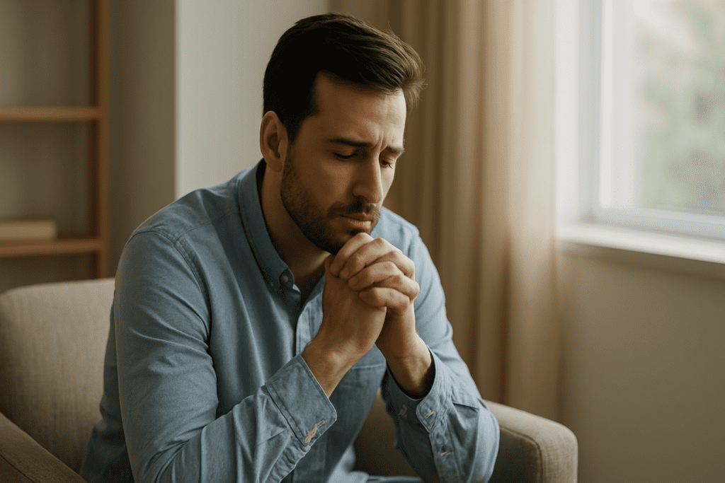 A man sits quietly in a minimalist room, bathed in soft morning light, with a contemplative expression and hands clasped in his lap