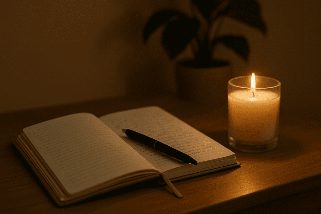An open journal and lit candle rest on a smooth wooden table, softly illuminated by warm lamplight with a blurred plant in the background