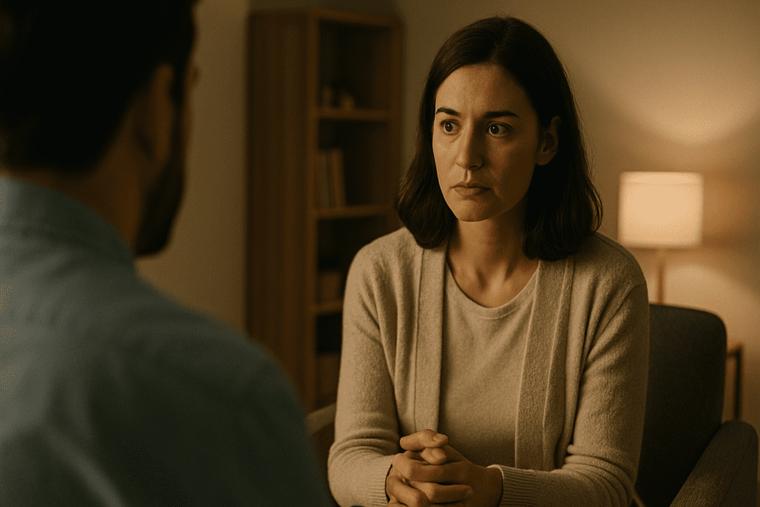 A woman with dark hair and a calm expression sits in a warmly lit office, engaging in quiet conversation with a man out of frame