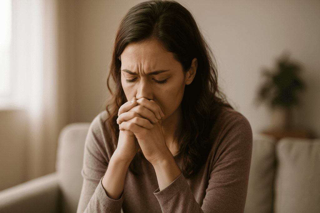 Young woman seated indoors, hands clasped in front of her forehead in a moment of stress, surrounded by neutral tones and soft natural morning light