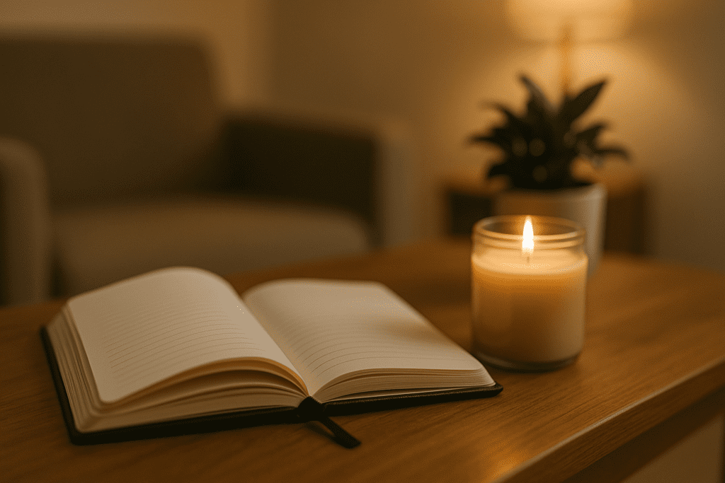 Open notebook on a wooden table with a candle and potted plant beside it, illuminated by warm indoor ambient light in a calming space