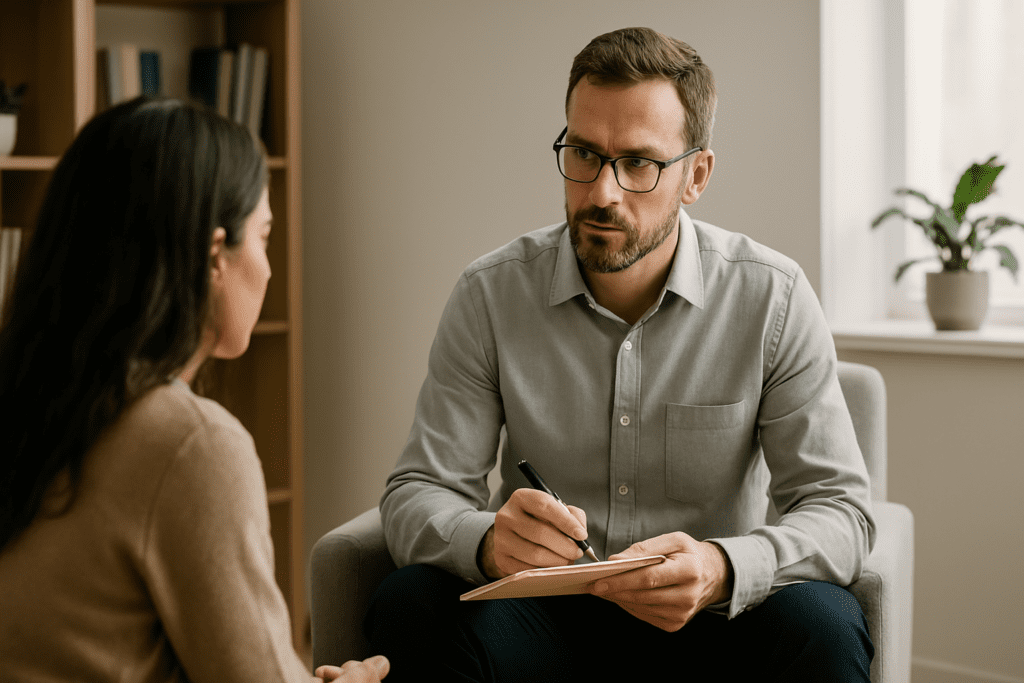 Therapist holding a notepad mid-session, facing a client in a bright, modern therapy office with neutral decor
