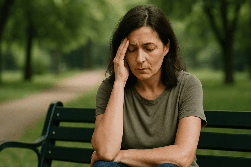 Woman sitting alone on a park bench under tree shade, resting her hand on her temple in deep thought