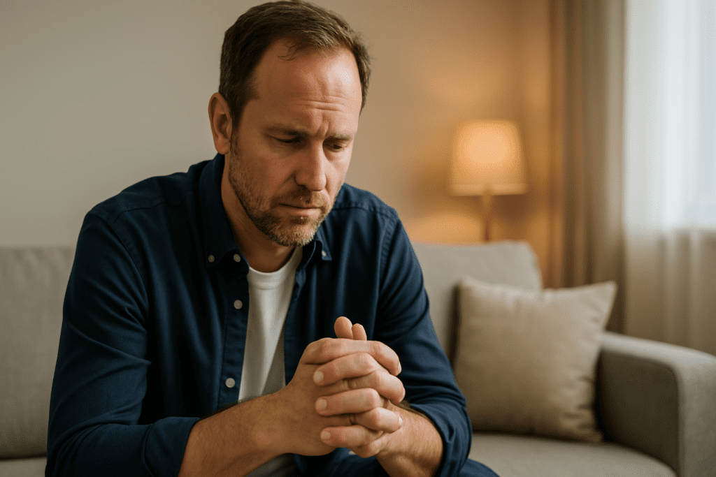 A middle-aged man sits on a neutral-toned sofa, hands clasped, looking pensive in soft morning light from a nearby window