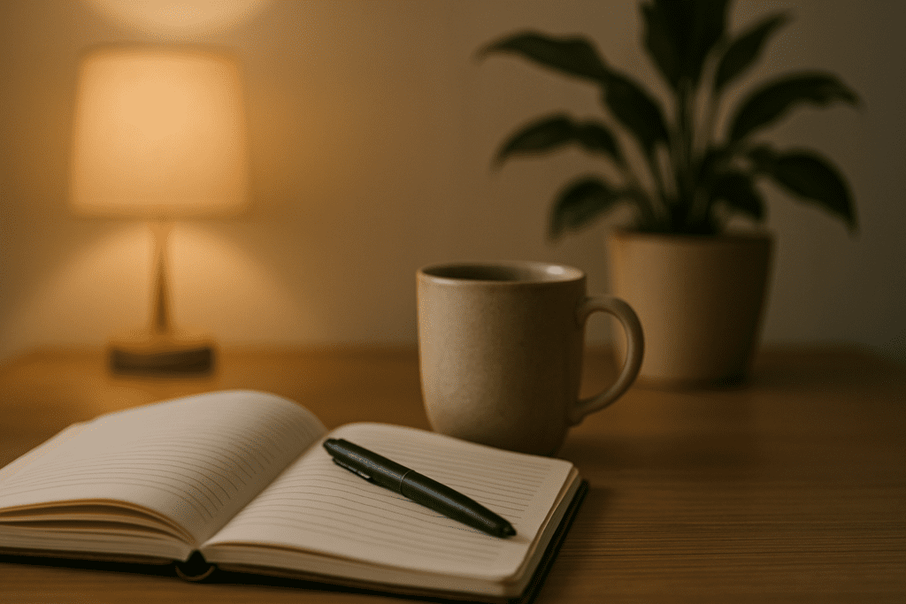 An open notebook, ceramic mug, and potted plant rest on a wooden desk bathed in warm lamplight, creating a calm workspace