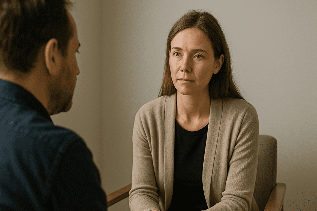 A therapist with a calm expression listens attentively to a patient in a softly lit office with a neutral, professional backdrop