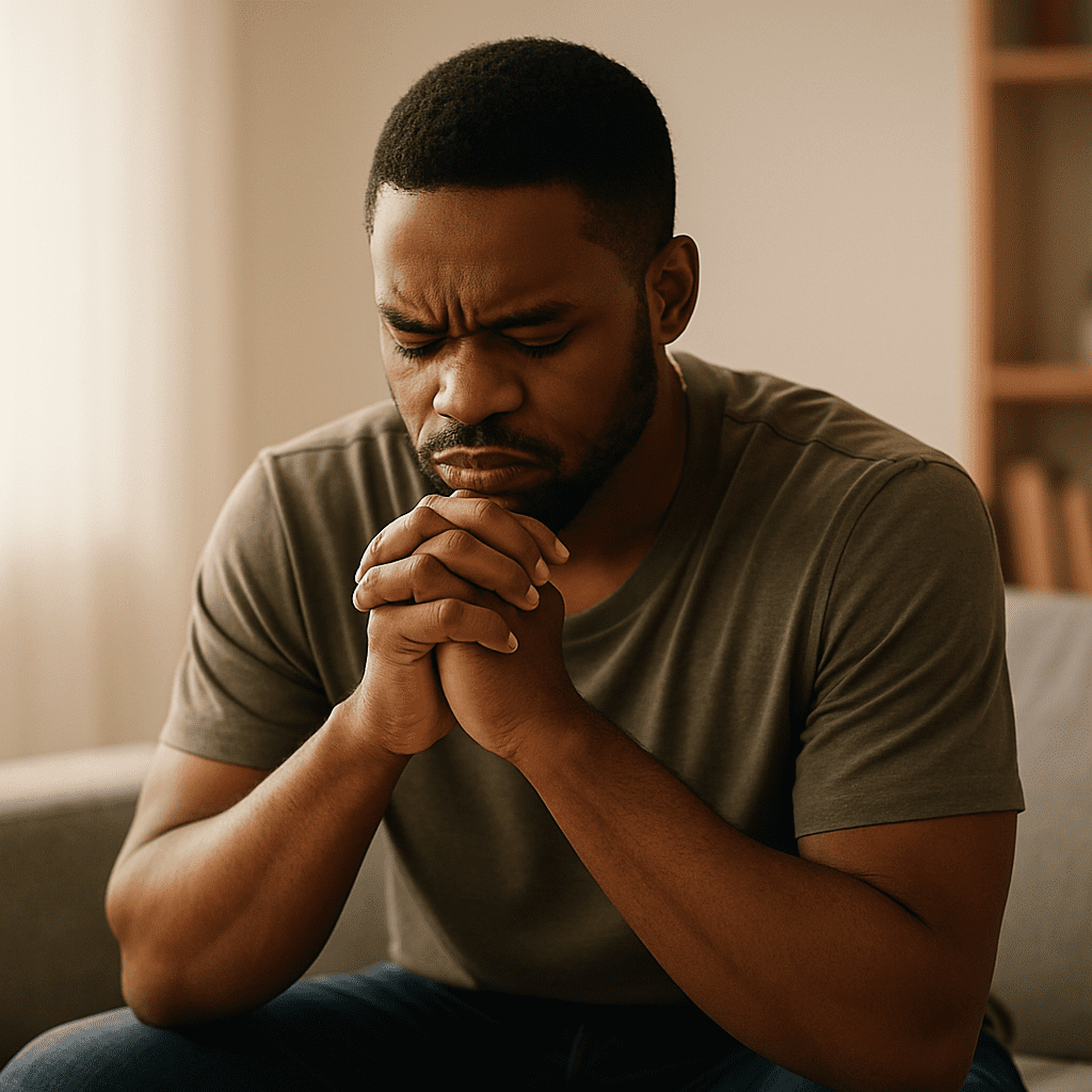 A young African-American man sits quietly on a gray sofa in a minimalist living room, softly lit by natural morning light
