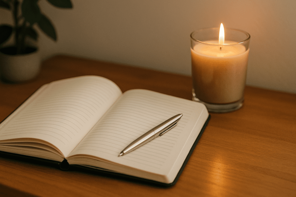An open journal and lit candle rest on a wooden table with soft, warm lighting and a blurred green plant in the background