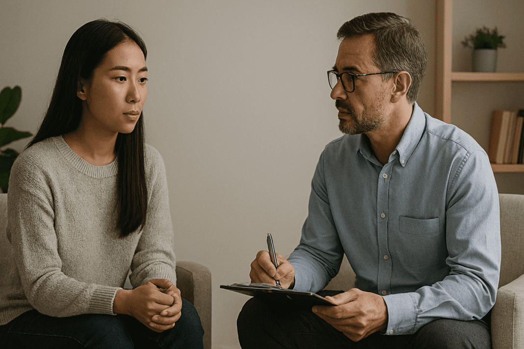 A female client and male therapist engage in a calm session inside a simple, warmly lit therapy room