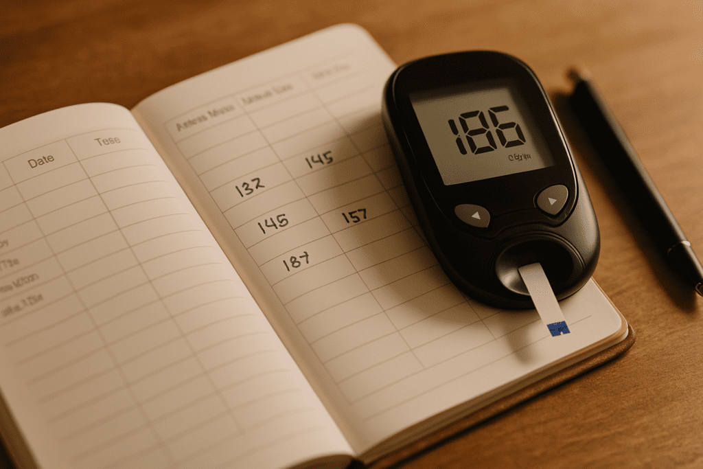 An open blood glucose logbook with a meter reading 186 mg/dL rests on a wooden table in warm ambient light