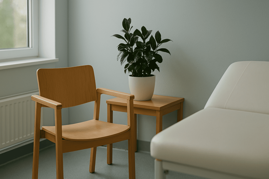 A minimalist clinical room corner with a wooden chair, potted plant, and soft natural lighting