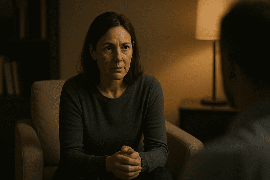 A middle-aged woman in a therapy session, seated with a pensive look in a warmly lit counseling office