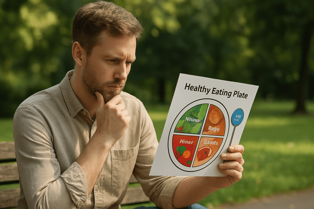 A man in his mid-30s sits on a park bench holding a Healthy Eating Plate chart, studying it with focused attention. Surrounded by greenery and bathed in soft morning light, the scene visually represents public engagement with updated dietary guidelines and the importance of nutritional literacy
