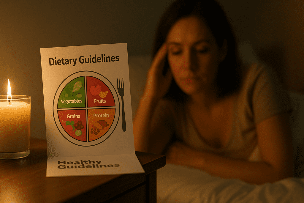 A nutrition brochure titled “Dietary Guidelines” lies beside a candle on a bedroom nightstand as a woman gazes at it from a distance, half-shadowed in warm ambient light. The low-light setting suggests introspective reflection on how evolving nutritional evidence influences personal health choices