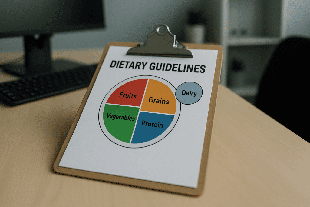 A clipboard displaying a colorful dietary chart divided into food groups rests on a clean office desk under cool fluorescent lighting. With a blurred computer and potted plant in the background, this image evokes a professional or clinical environment where the latest dietary guidelines are reviewed and applied