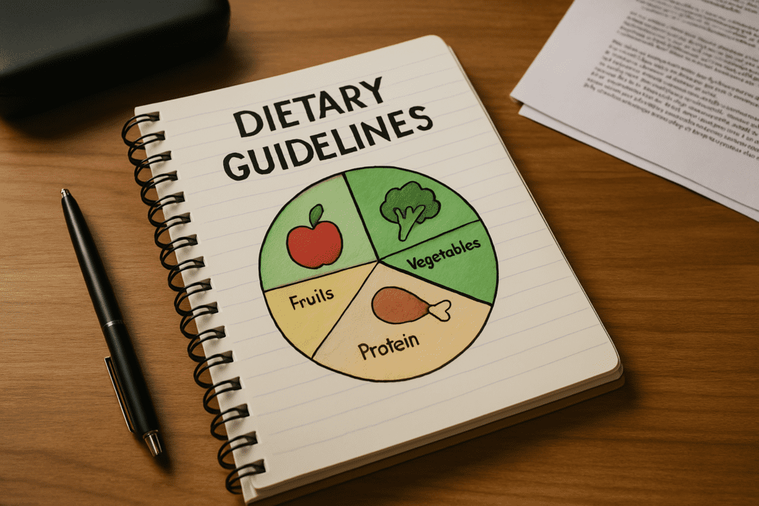 A spiral-bound notebook labeled “DIETARY GUIDELINES” is open on a wooden desk, showing a hand-drawn pie chart with illustrated food groups. A black pen and glasses case sit nearby, symbolizing the personal process of interpreting new evidence behind evolving nutrition recommendations