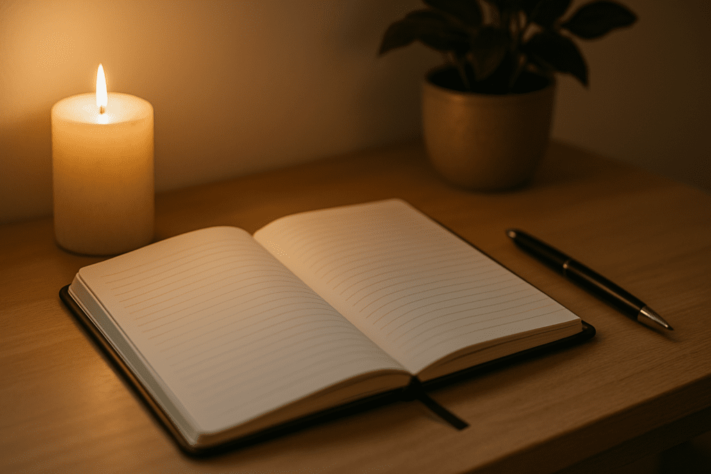 An open black notebook with a pen lies on a wooden surface, softly lit by a glowing candle, with a blurred plant in the background