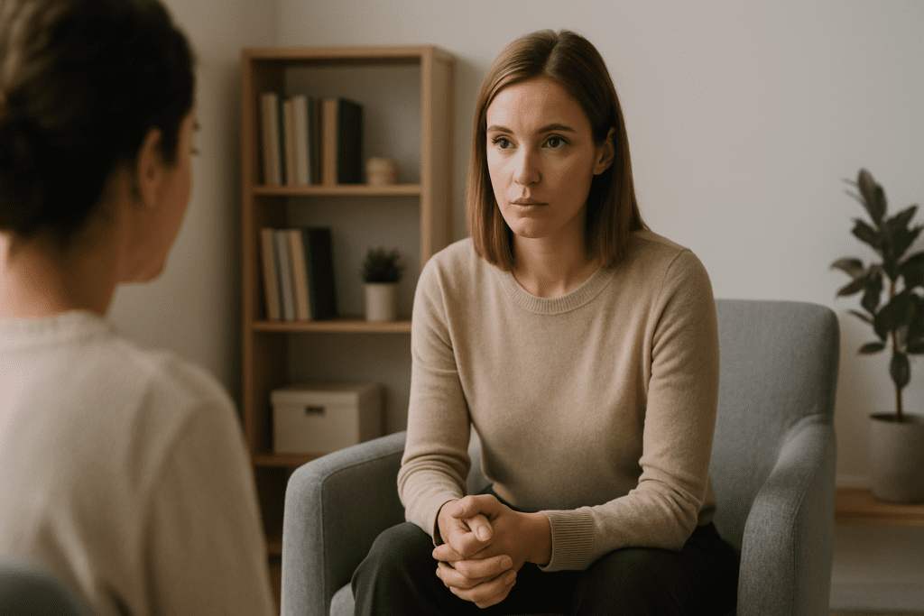 A female therapist attentively listens to her client in a softly lit office, with calm expressions and body language conveying empathy and focus