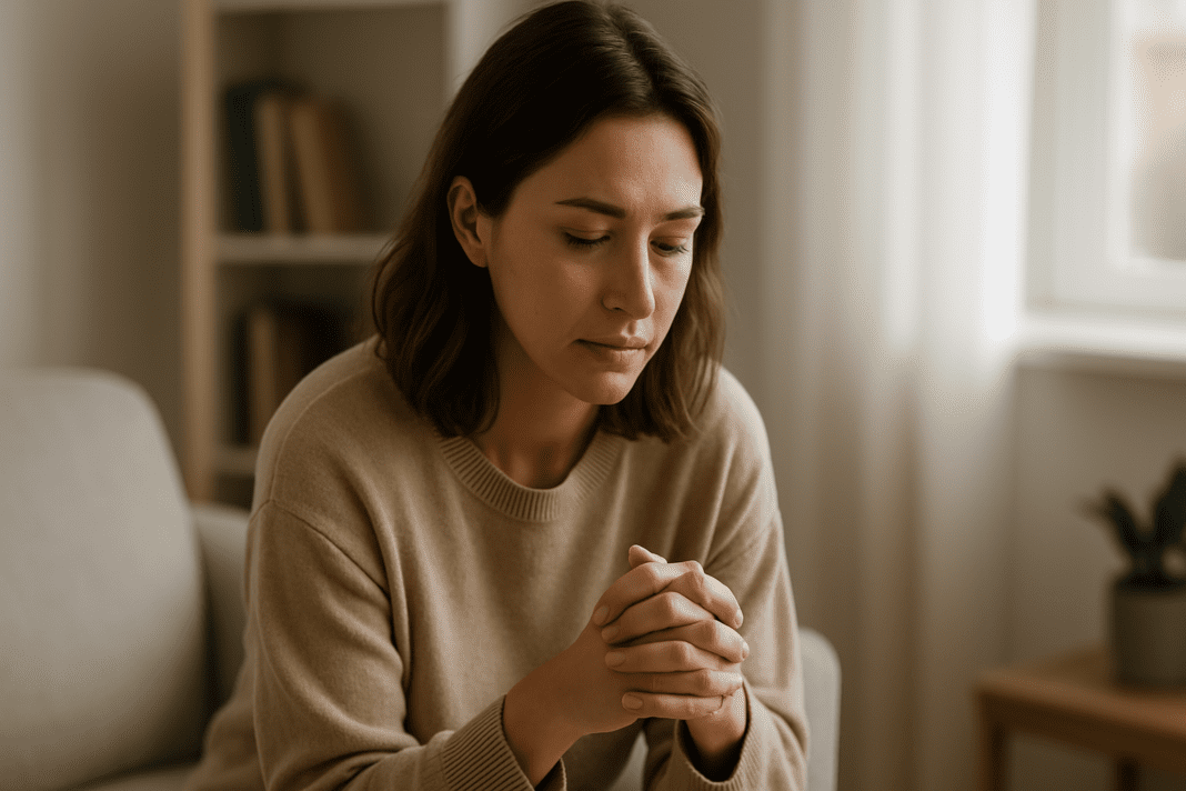 A young woman sits quietly on a gray sofa in a sunlit living room, hands clasped and eyes thoughtful, with soft shadows and minimal background