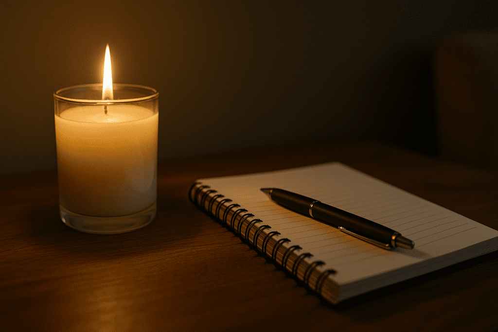 A glowing candle illuminates an open notebook and pen in a dimly lit room, creating a calm, introspective mood. The symbolic objects reflect the connection between nutrition, self-reflection, and emotional well-being, aligning with the science behind diet and psychological health