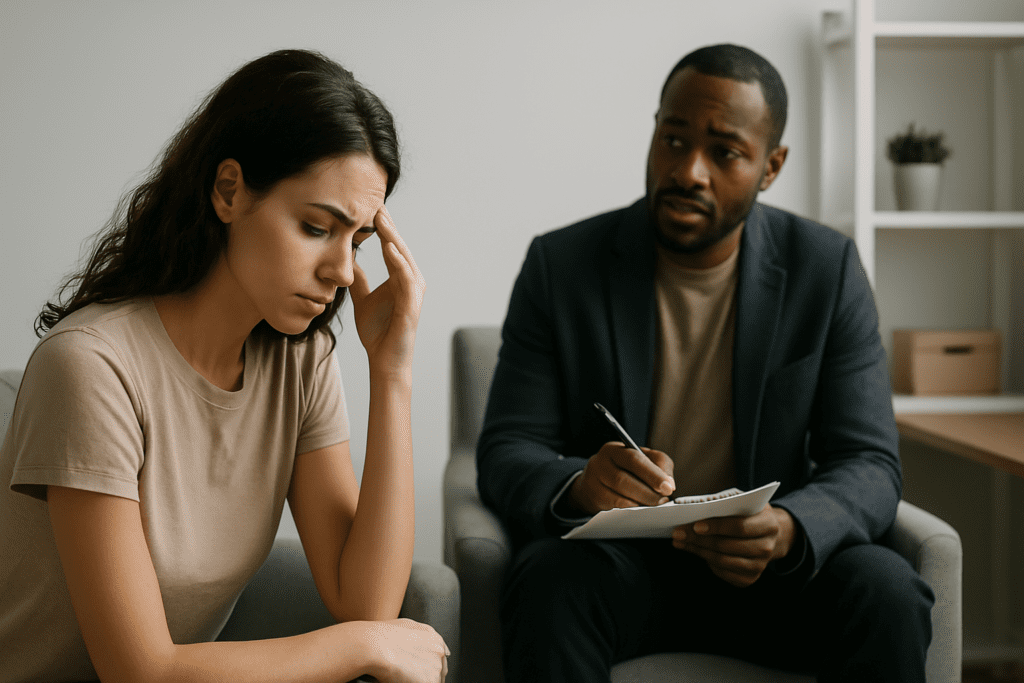 A focused therapy session unfolds in a neutral-toned office where a Black therapist attentively listens to a Caucasian woman expressing emotional fatigue. The clinical setting and body language clearly illustrate how mental health support and nutrition awareness can intersect in holistic treatment